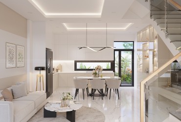 Thiết kế nội thất nhà liền kề Lavida Residence tone trắng- be- gỗ/ Giải pháp ở thực bền vững và có gu