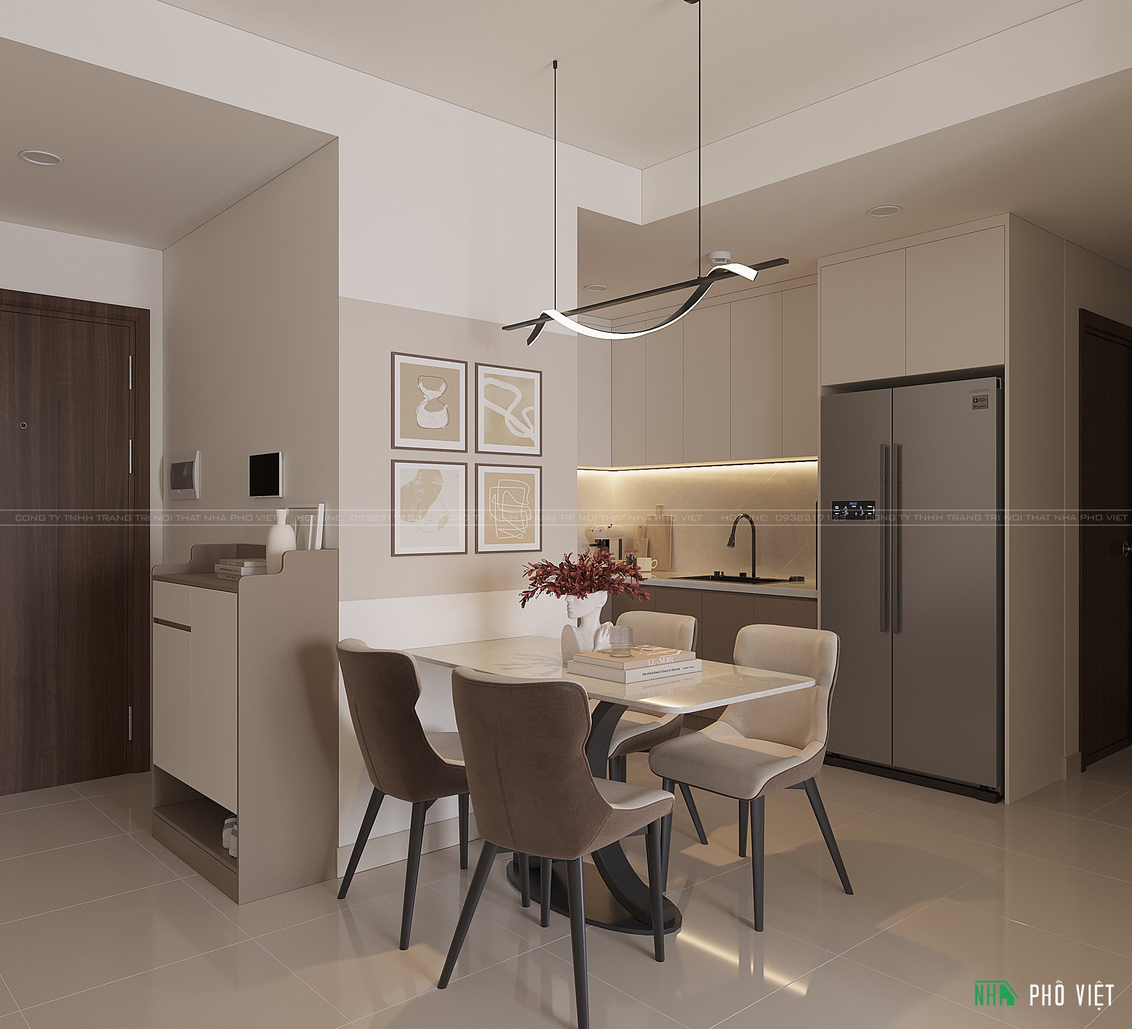 Khu vực bếp và bàn ăn căn hộ Victoria Village thiết kế hiện đại tiện nghi
